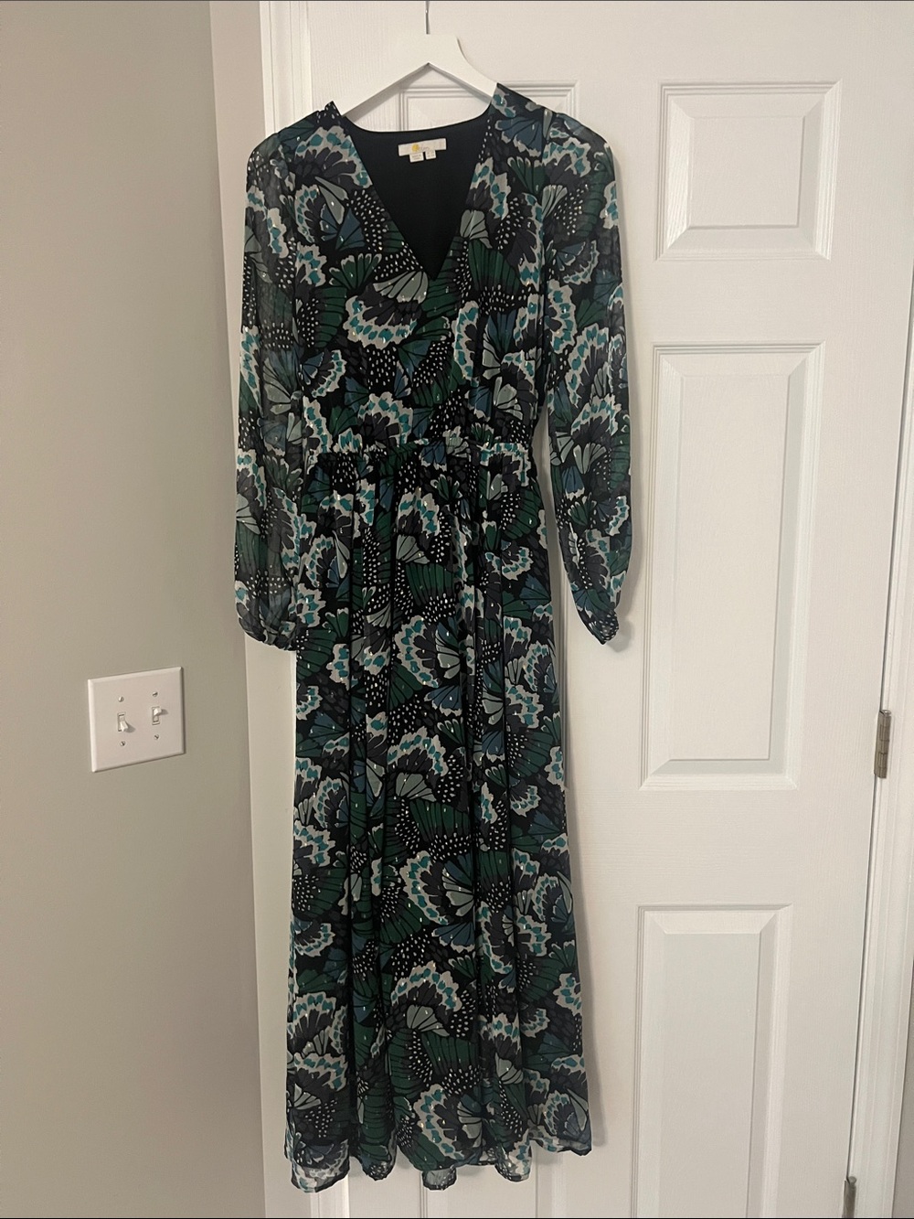 Boden Green and Black Floral Metallic Maxi Dress
